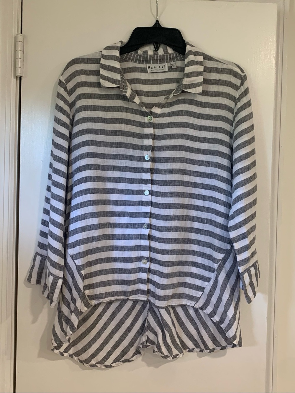 Habitat Linen Asymmetric Striped Button Front Top Women’s Mother of Pearl Size M